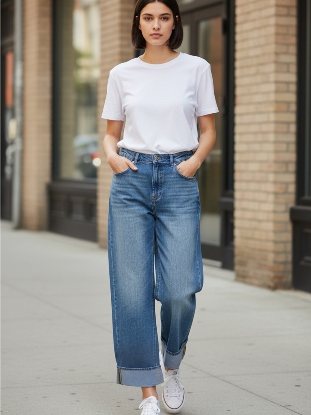 Halara Women’s XS Regular High Rise Wide Leg Cuffed Jeans Medium Wash
